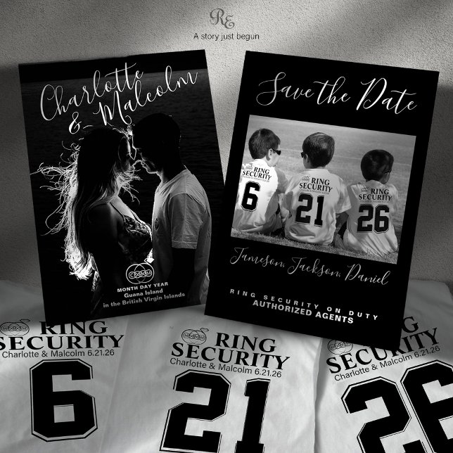 Save the Date Photo Card Featuring Ring Security (Shown with Ring Security shirts featuring numbers that match the wedding date, sold separately.)