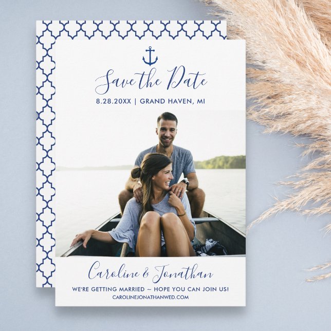 Save the Date Photo Classic Blue Nautical Anchor Invitation (Creator Uploaded)