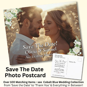 Save The Date, Photo -  Cobalt Blue & White Roses  Announcement Postcard