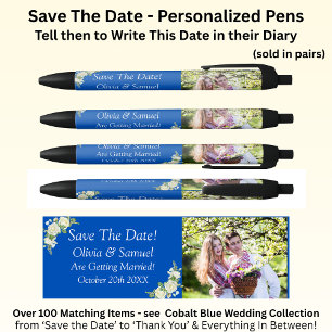 Save The Date - Photo + Cobalt Blue & White Roses Pen