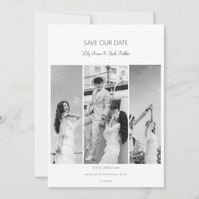 Save the date photo collage black white wedding invitation (Front)