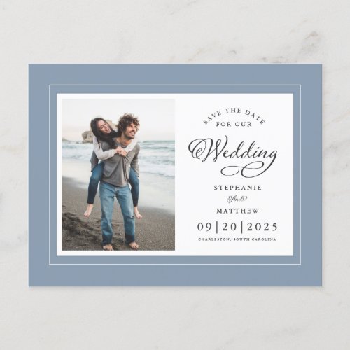 Save The Date Photo Dusty Blue Elegant Wedding Announcement Postcard