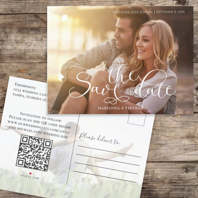 Save the Date Photo Elegant Script QR Code Announcement Postcard (Creator Uploaded)