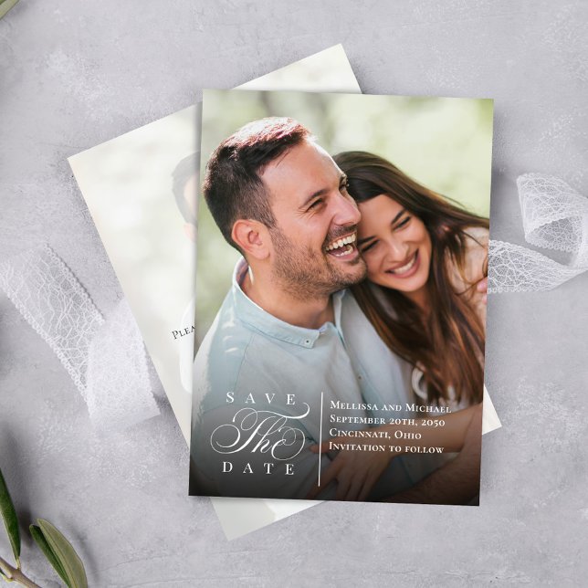 Save the Date Photo Elegant Typography Script (Save the date photo card with a scannable QR code with calligraphy script. )