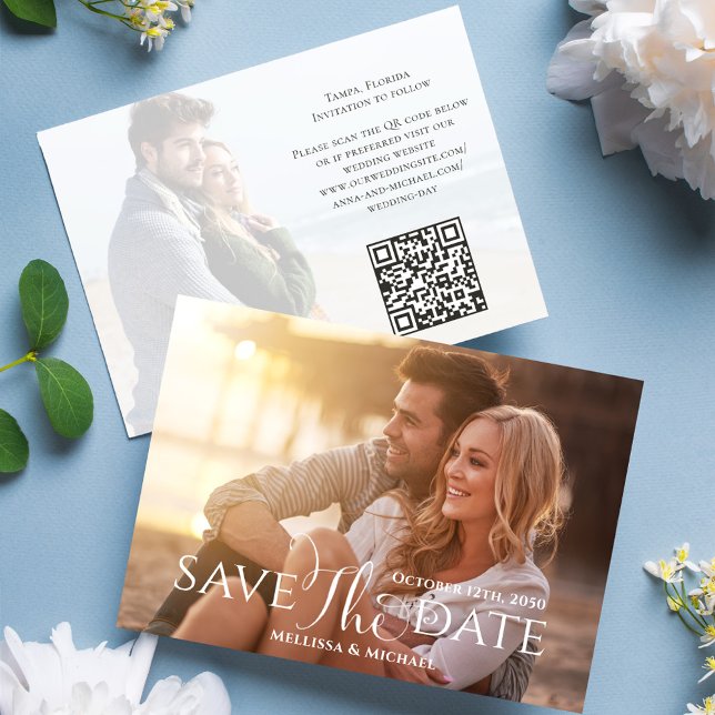 Save the Date Photo Elegant Typography Script  (Elegant Wedding Save the Date photo card with a scannable QR Code, )