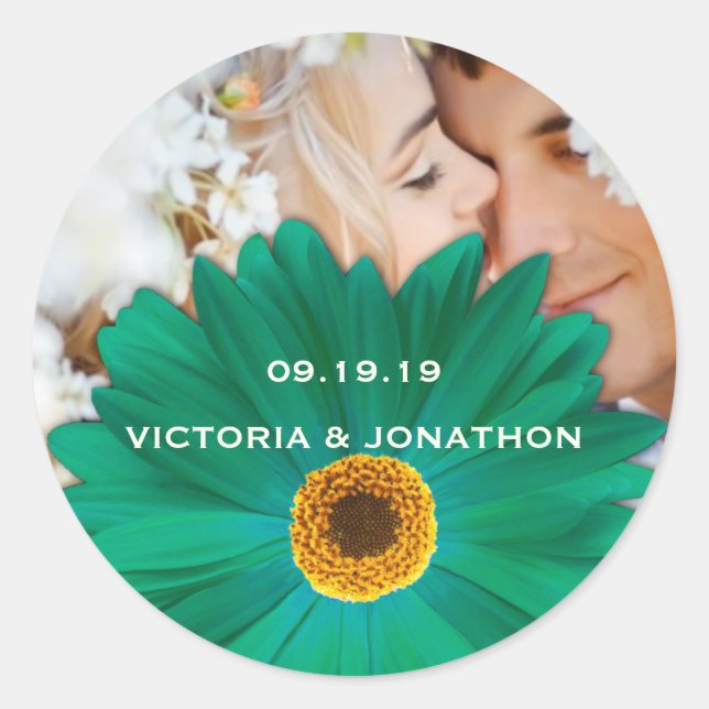 Save the Date Photo Emerald Gerber Daisy Wedding Classic Round Sticker (Front)