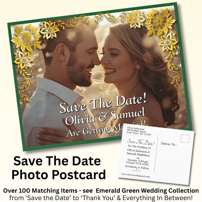 Save The Date, Photo -Emerald Green & Gold Announcement Postcard (Creator Uploaded)