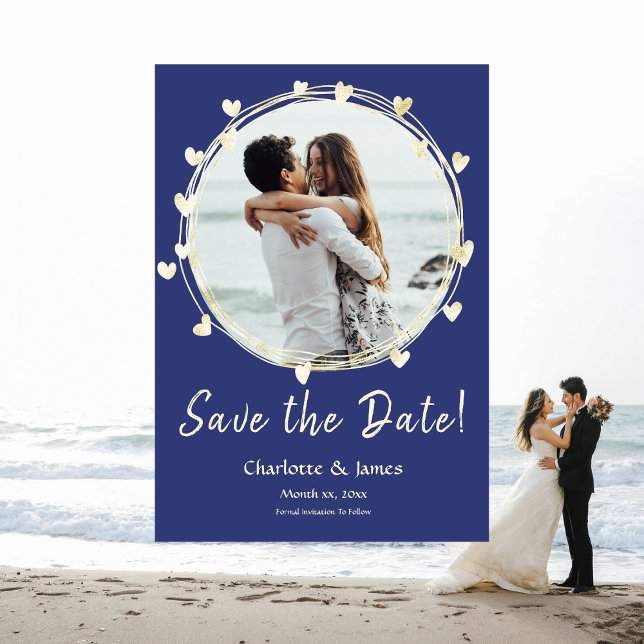 Save The Date Photo Engagement with Gold Hearts (Photo Wedding Save The Date Engagement Gold Hearts)
