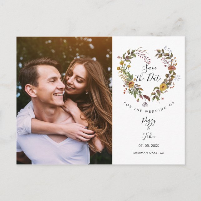 Save the Date  Photo Floral Heart Wedding Modern Announcement Postcard (Front)
