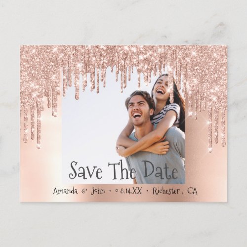 Save The Date Photo Glitter Engagement Rose Blush Announcement Postcard