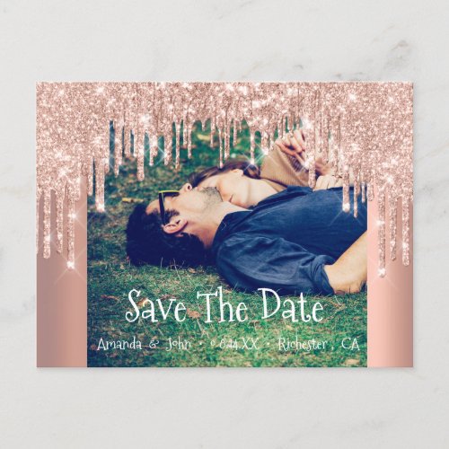 Save The Date Photo Glitter Engagement Rose Copper Announcement Postcard