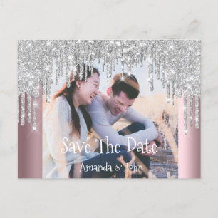 Save The Date Photo Glitter Engagement Rose Gray Announcement Postcard