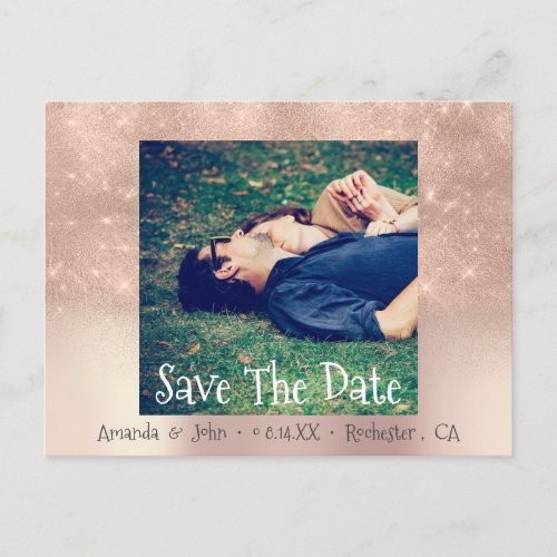 Save The Date Photo Glitter Engagement Rose Ombre Announcement Postcard