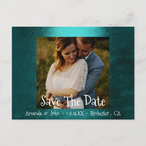 Save The Date Photo Glitter Engagement Teal Green Announcement Postcard