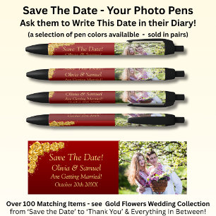 Save The Date - Photo + Gold Flowers Maroon Red Pen
