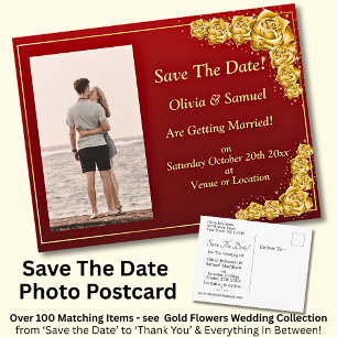 Save The Date, Photo - Gold Roses Maroon Red  Announcement Postcard