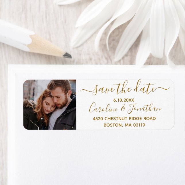 Save the Date Photo Gold Script Return Address Label (Insitu)