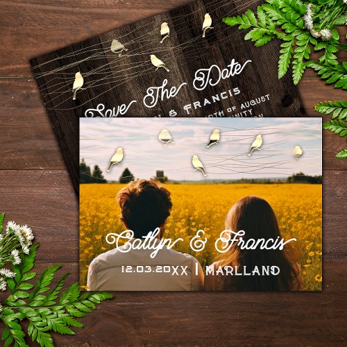 Save The Date Photo Gold Wood Country Bird Budget Invitation