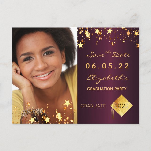 Save the Date photo graduation party 2026 burgundy Postcard (Front)
