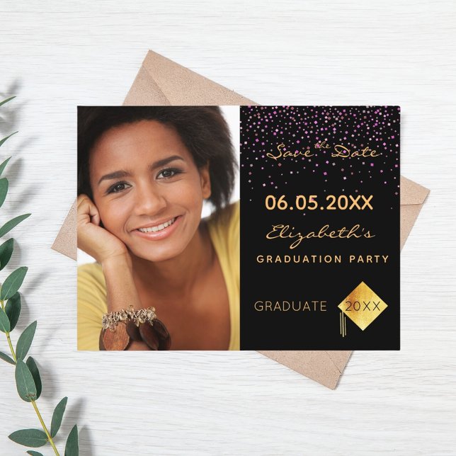 Save the Date photo graduation party black Postcard (Creator Uploaded)