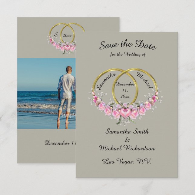 Save the Date Photo Gray Pink Flowers Rings (Front/Back)