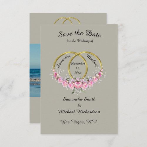 Save the Date Photo Gray Pink Flowers Rings