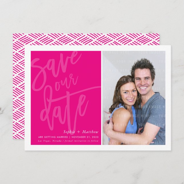 SAVE THE DATE photo hand lettered script hot pink Invitation (Front/Back)