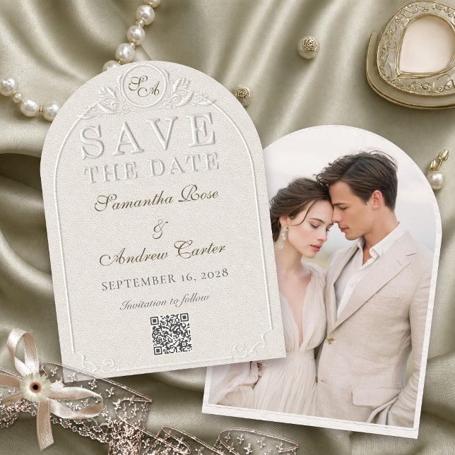 Save the Date Photo Ivory Embossed Arch Monogram I Invitation (Creator Uploaded)
