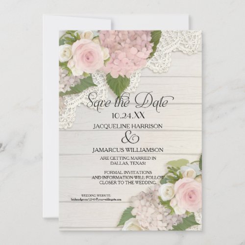 Save the Date Photo Lace Pink Hydrangea Wood Fence