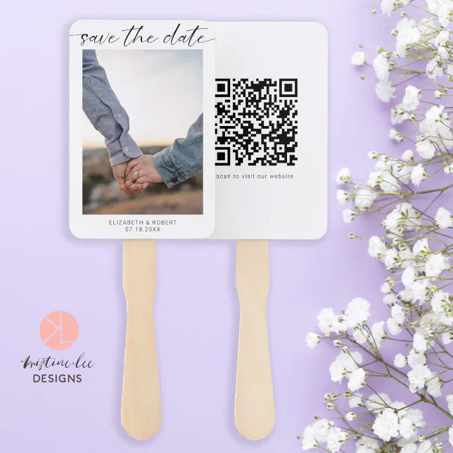 Hand Sticker Date Code Save the Date Photo Minimal QR Code Script Hand Fan | Zazzle