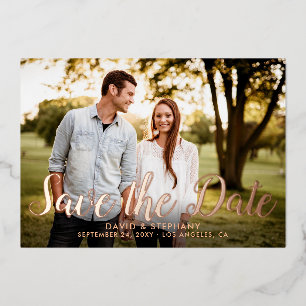 Save the Date Photo Modern Simple Script Rose Gold Foil Invitation