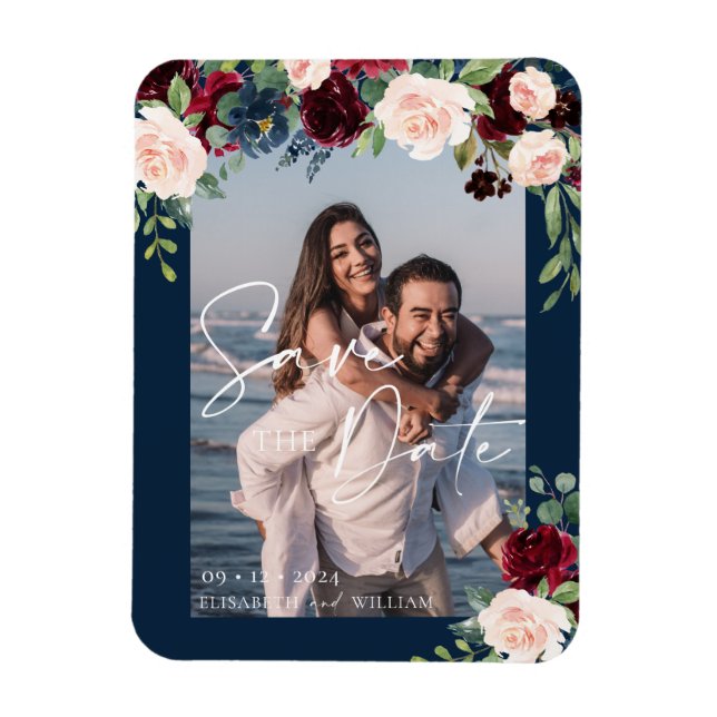Save the Date Photo Navy Burgundy and Blush  Magnet (Vertical)