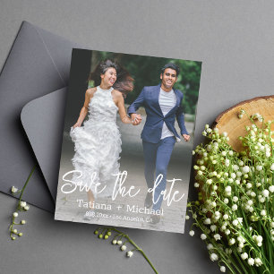 save the date,photo of funny bride and groom run announcement postcard