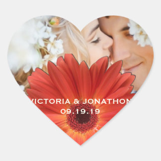 Save the Date Photo Orange Gerber Daisy Wedding Heart Sticker