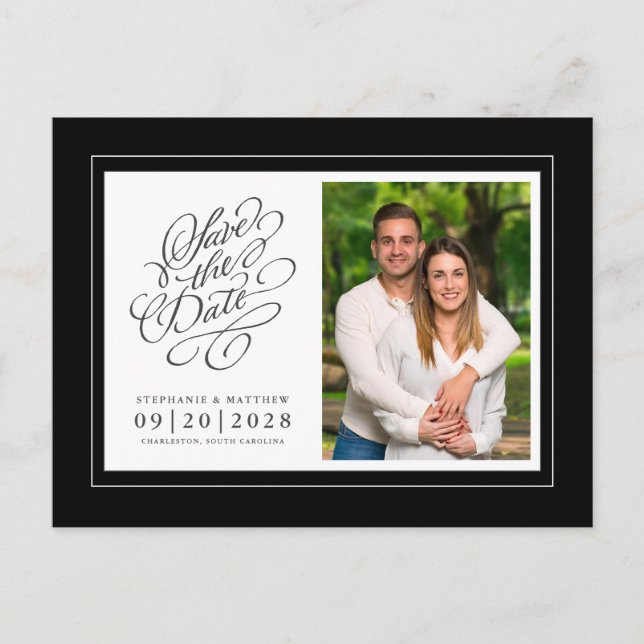 Save The Date Photo Picture Black Elegant Wedding Announcement Postcard (Front)