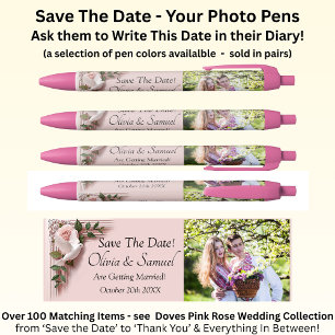 Save The Date - Photo + Pink Roses & Doves Wedding Pen