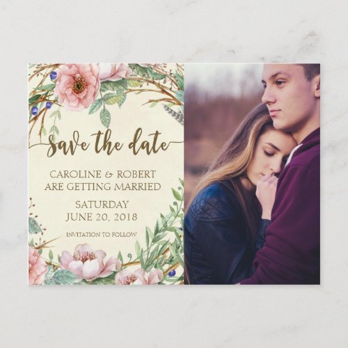 Save the date photo postcard personalized floral