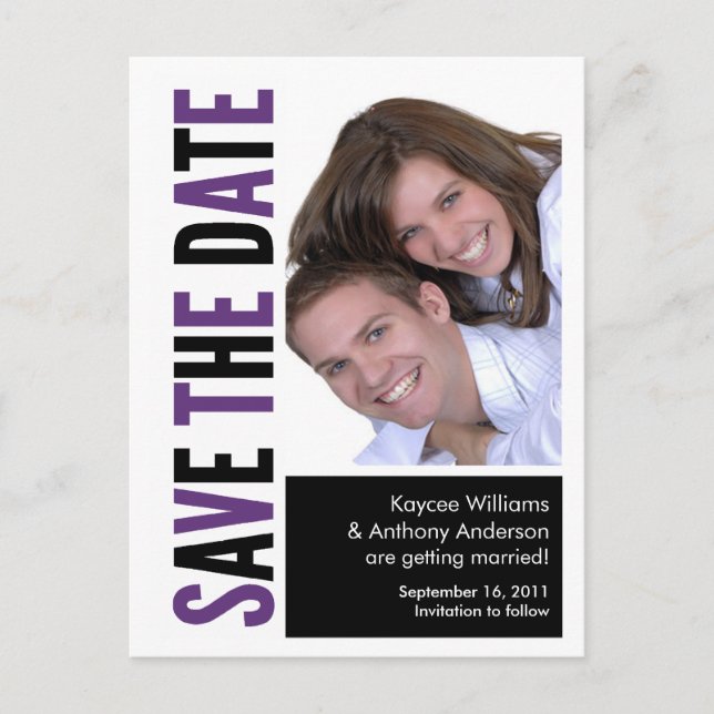 Save The Date Photo POSTCARD! Purple & Black Announcement Postcard (Front)