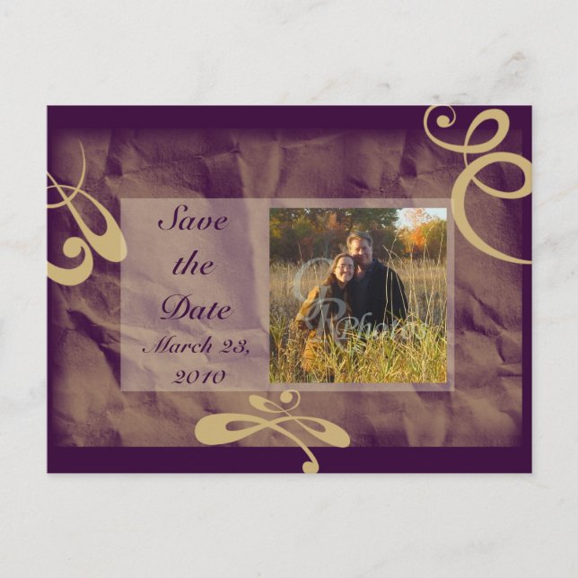 Save the Date Photo Postcard Purple/Khaki (Front)