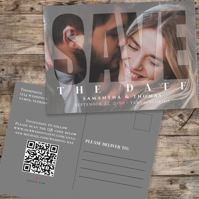 Save the Date Photo QR Code Modern Typography Announcement Postcard (Creator Uploaded)