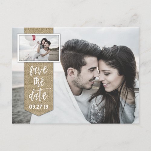 Save the Date Photo Rustic Burlap Wedding Announcement Postcard - Save the Date Photo Rustic Burlap Wedding Postcards - features double photos on the front that you can change to your very own.  The front also features a stylish rustic burlap tag with unique fonts.  The back also features the same matching unique fonts.