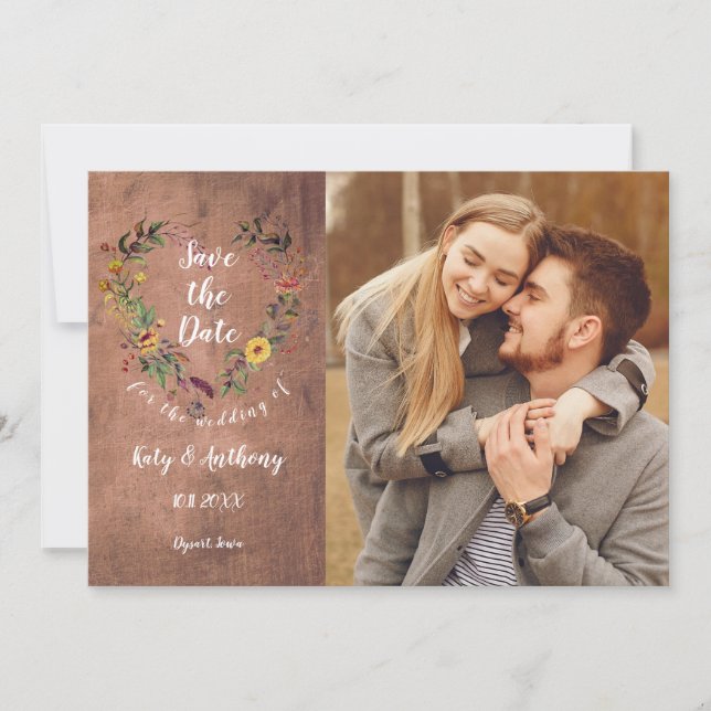 Save the Date Photo Rustic Wood Floral Heart Invitation (Front)