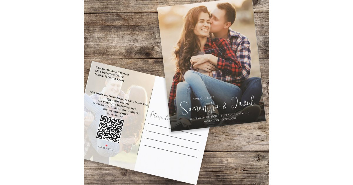 Answer Booklet Script Qr Code Photo Save the Date Photo Script QR Code Overlay Announcement Postcard | Zazzle