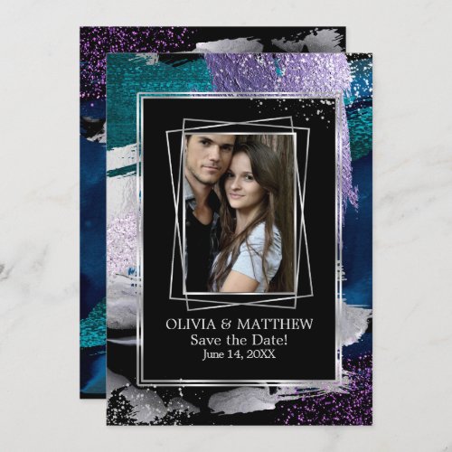 Save the Date  Photo Silver Teal Lilac Abstract Invitation