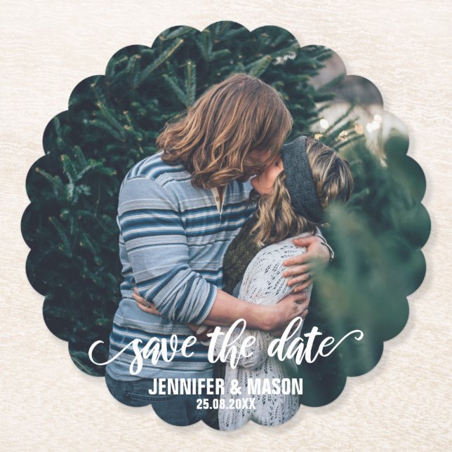 Save The Date Photo Template Calligraphy Script Paper Coaster (Front)
