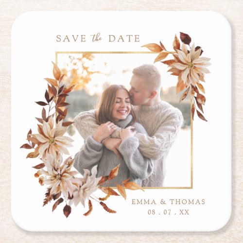 Save The Date Photo Wedding  Square Paper Coaster