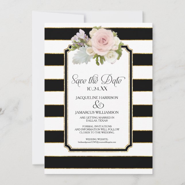 Save the Date Photo Wide Stripe Faux Gold Floral Invitation (Front)