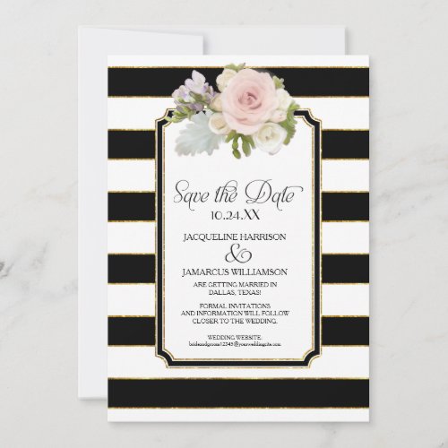 Save the Date Photo Wide Stripe Faux Gold Floral Invitation