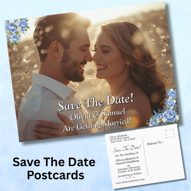 Save The Date - Photo with Blue Peony Announcement Postcard (Creator Uploaded)