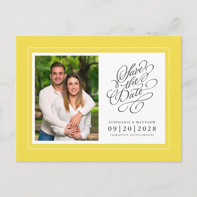 Save The Date Photo Yellow Elegant Wedding Announcement Postcard (Front)